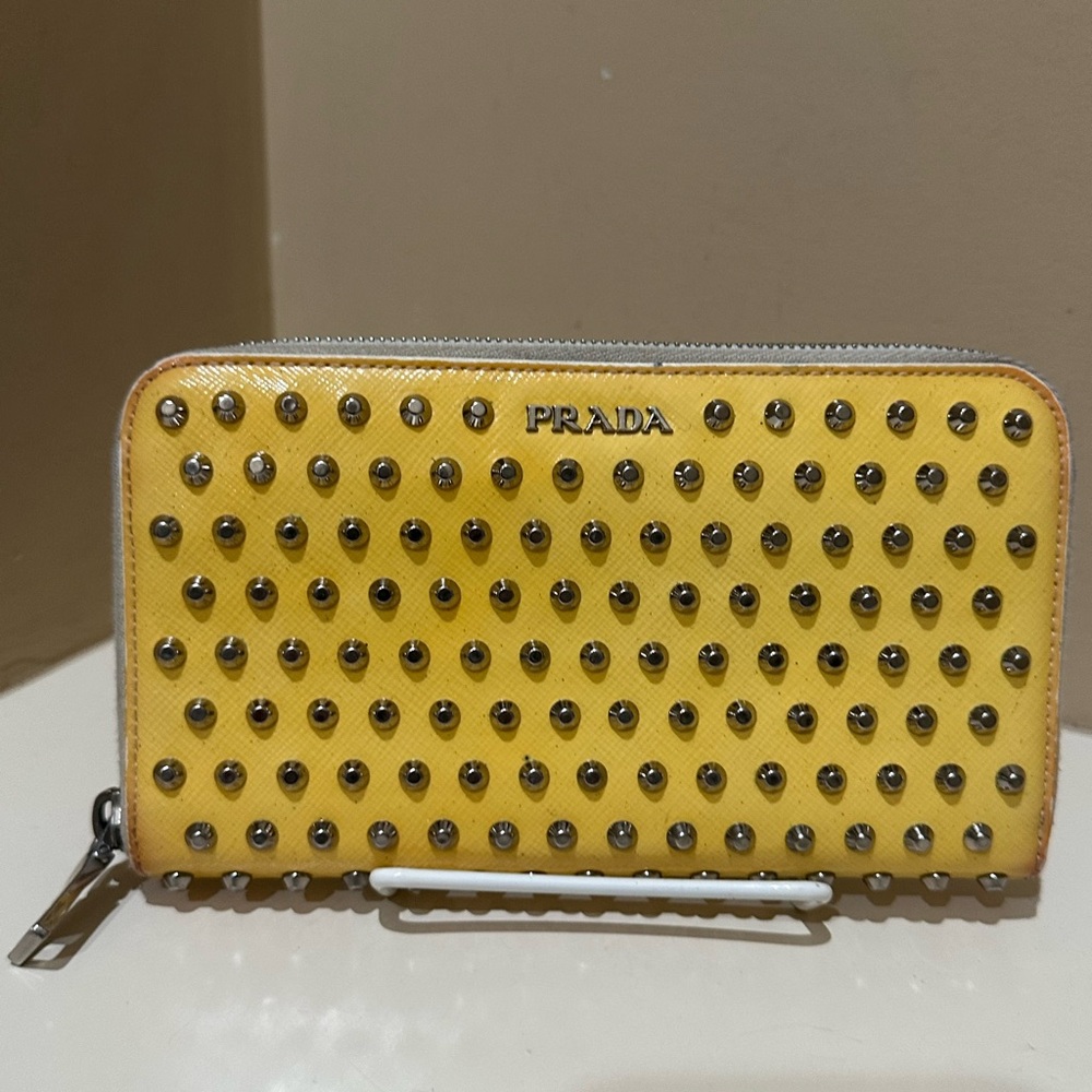 Prada Studded Yellow Saffiano Long Zippy Wallet - Picture 1 of 16